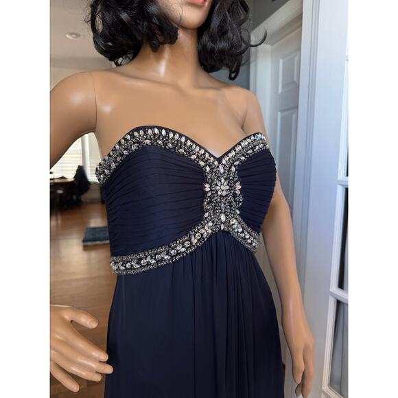 XSCAPE Navy Chiffon Jeweled Bodice Empire A-Line strapless Evening Gown 8 - Picture 14 of 16